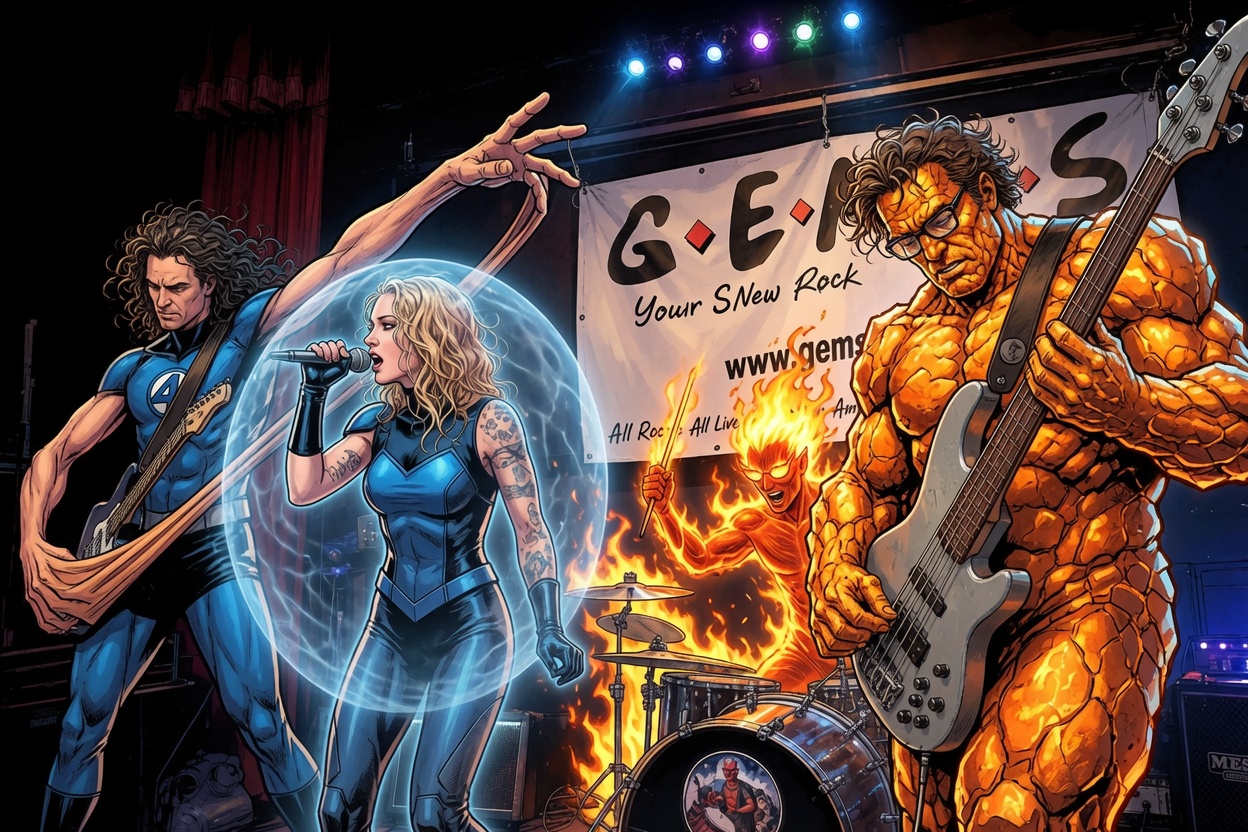 Fantastic Four inspired GEMS band illustration — comic book style rock lineup